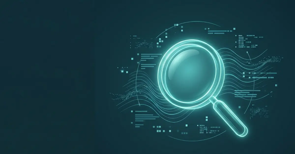 Was ist Google Ads? Alles über Kampagnentypen & Funktionsweisen 4 Leuchtende 3D Lupe mit abstrakten Suchergebniszeilen auf dunklem Teal – Google Ads Kampagnentypen