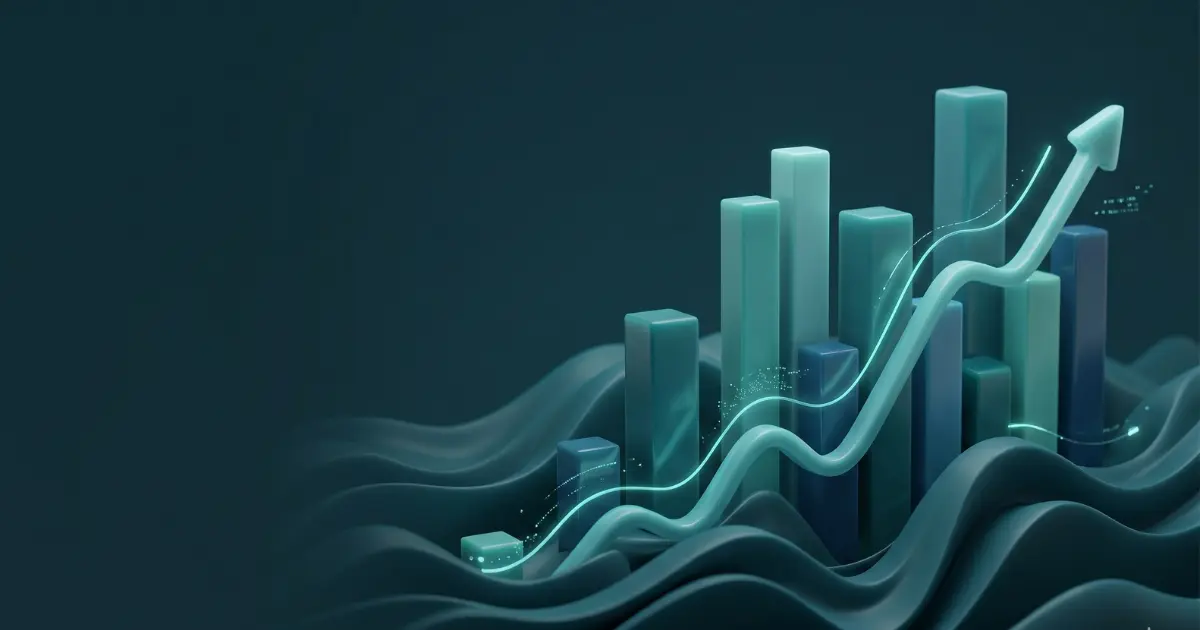 Was ist Performance Marketing? 3 3D Illustration leuchtender Balkendiagramme und Datenpunkte auf dunklem Teal – Performance Marketing Überblick